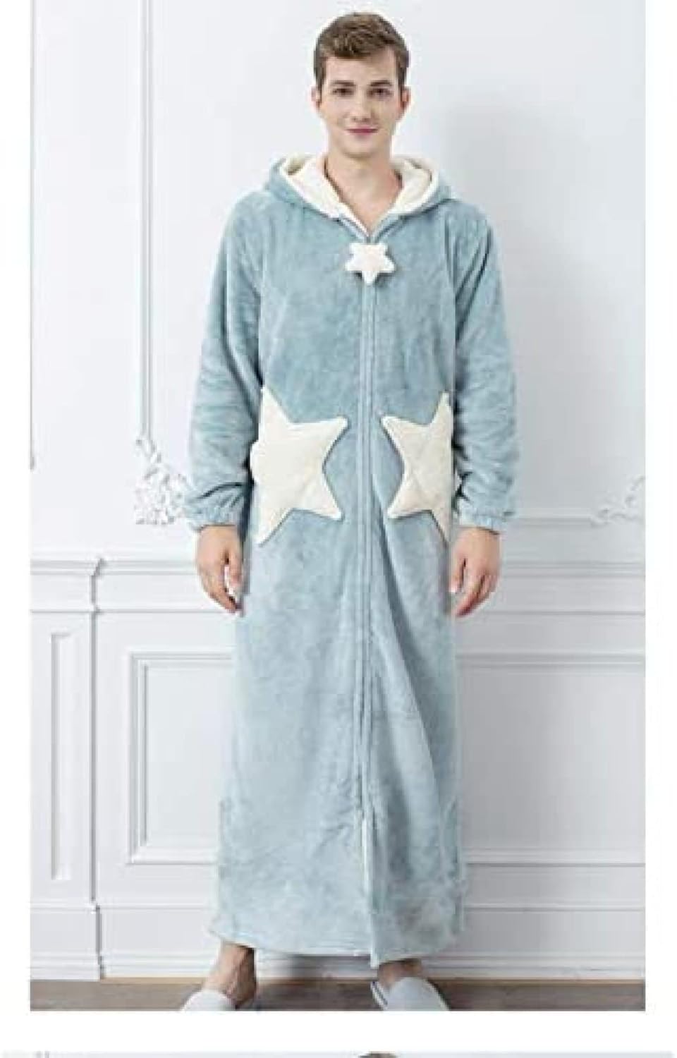 [ANTIY] 冬のフランネル着物バスローブぬいぐるみカップル快適なロングローブレディースメンズパジャマ,ブルースターズ,L(着丈: