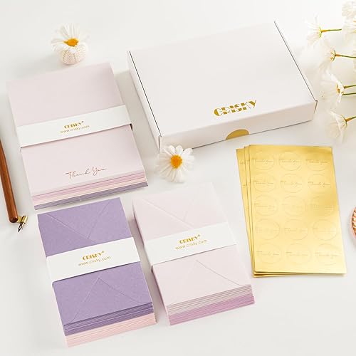 Miniatura 3 de Crisky Tarjetas de agradecimiento moradas con sobres y calcomanías, paquete de 50 tarjetas de agradecimiento para despedida de soltera, graduación,