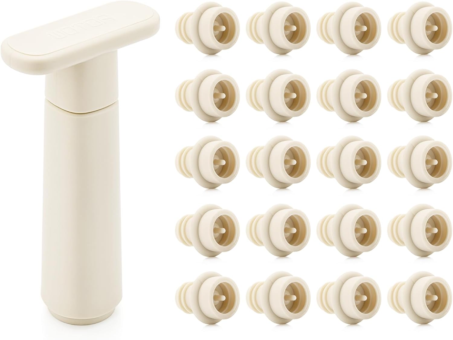 WOTOR Wine Saver Vacuum Pump with 20 Stoppers, Wine Stopper & Preserver, Reusable Bottle Sealer Keeps Fresh, Ideal Accessories Gift, Flat Handle (Cream)