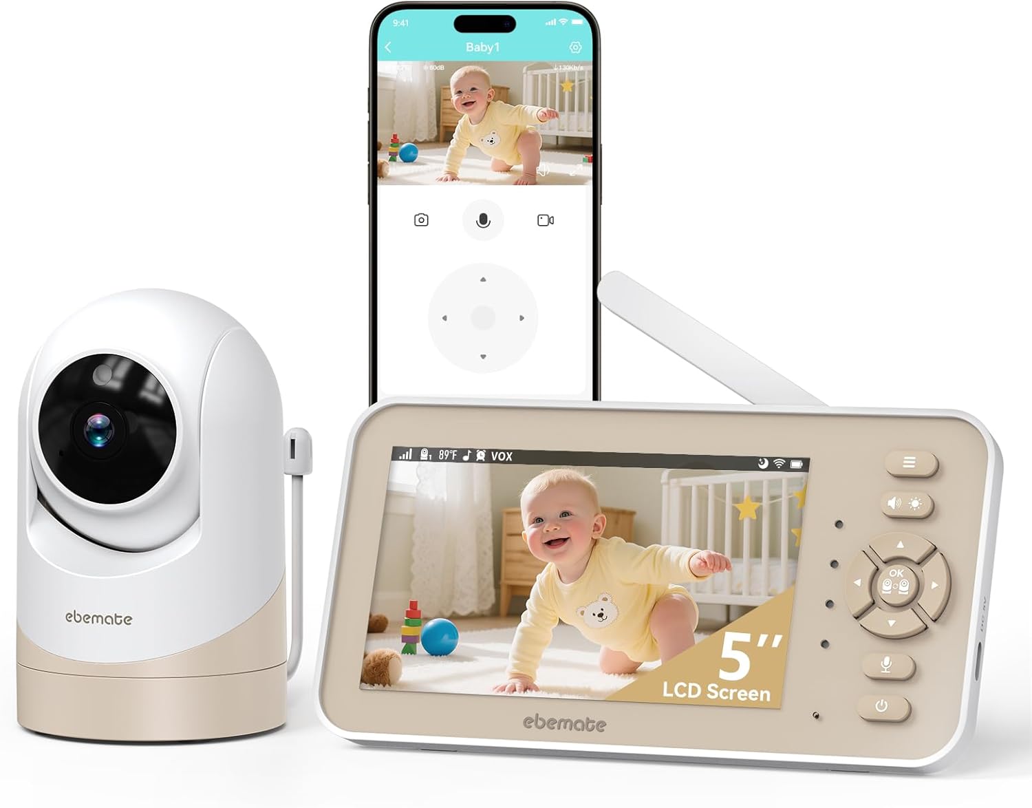 ebemate Video Baby Monitor with Camera and Audio, 5" IPS Screen, 30H Battery, Hybrid WiFi and No WiFi Connection, Pan-Tilt-Zoom, Night Vision, 2-Way Talk, 1500ft, for New Parents/Elderly EBE50P