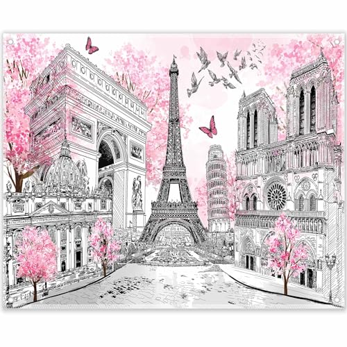 Swepuck 10x8ft Fabric Eiffel Tower Backdrop Paris Landscape Photography Background European City Pink Flowers Trees Party Decorations Photo Booth Props