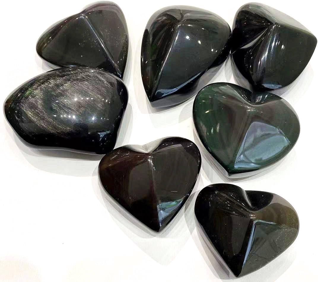 Wholesale Natural Polished Carved Crystal Heart Rainbow Black Obsidian Heart 1pc (100g-150g 1pc)