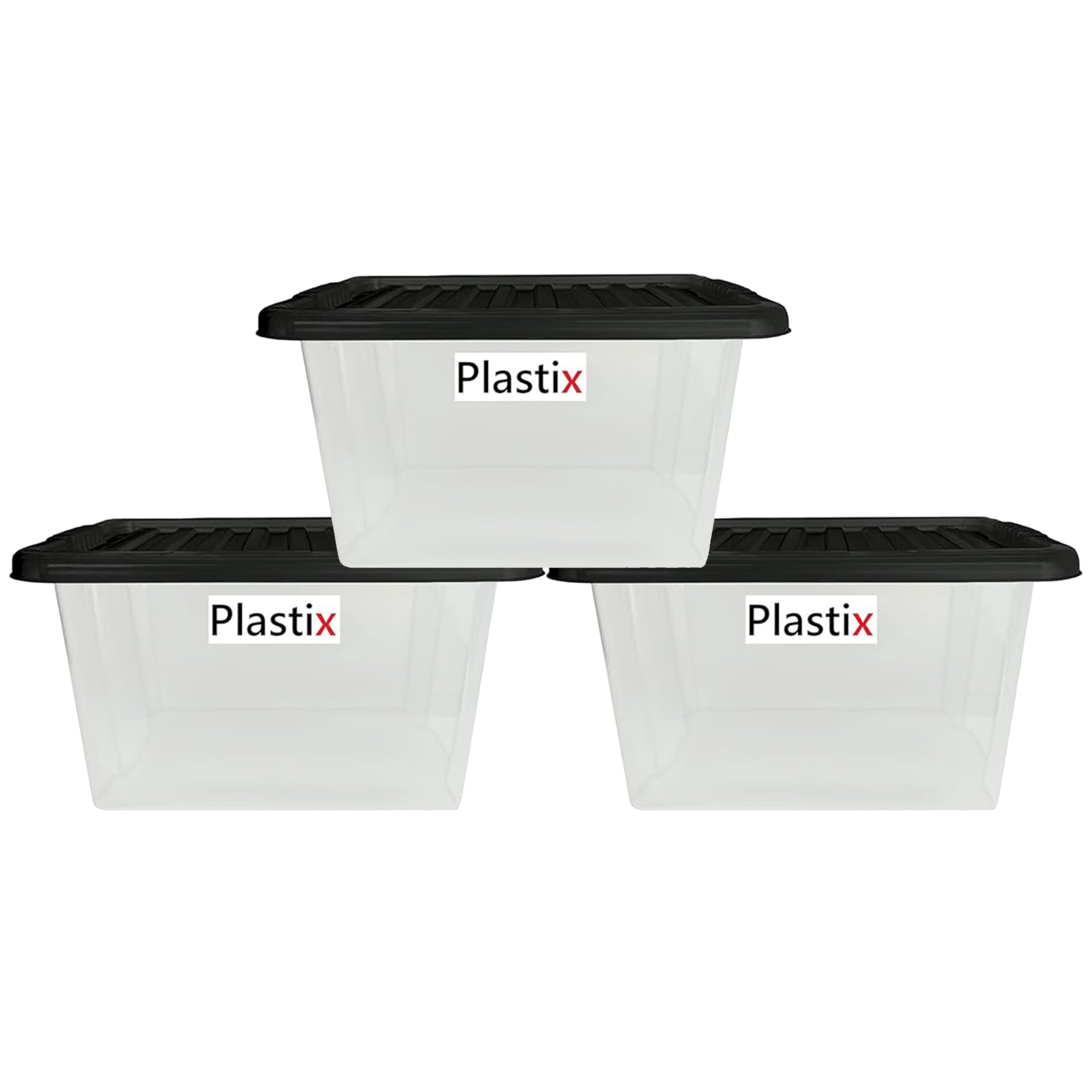 Plastix Clear Plastic Storage Box Boxes With Black Lids Home Office Stackable UK Made (3, 30L)