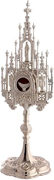 Holyart Monstrances, Chapel monstrances, Reliquaries in Metal Silver-Plated Neo-Gothic Monstrance for 1.2-inch Hosts, Brass, h 16 in