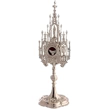 Holyart Monstrances, Chapel monstrances, Reliquaries in Metal Silver-Plated Neo-Gothic Monstrance for 1.2-inch Hosts, Brass, h 16 in