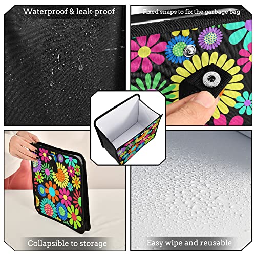 Image of Hippie Flower Car Trash Can Foldable Hanging Car Trash Bag Bin Floral Daisy Colorful Auto Garbage Can Leak-Proof Car Organizer(Large)