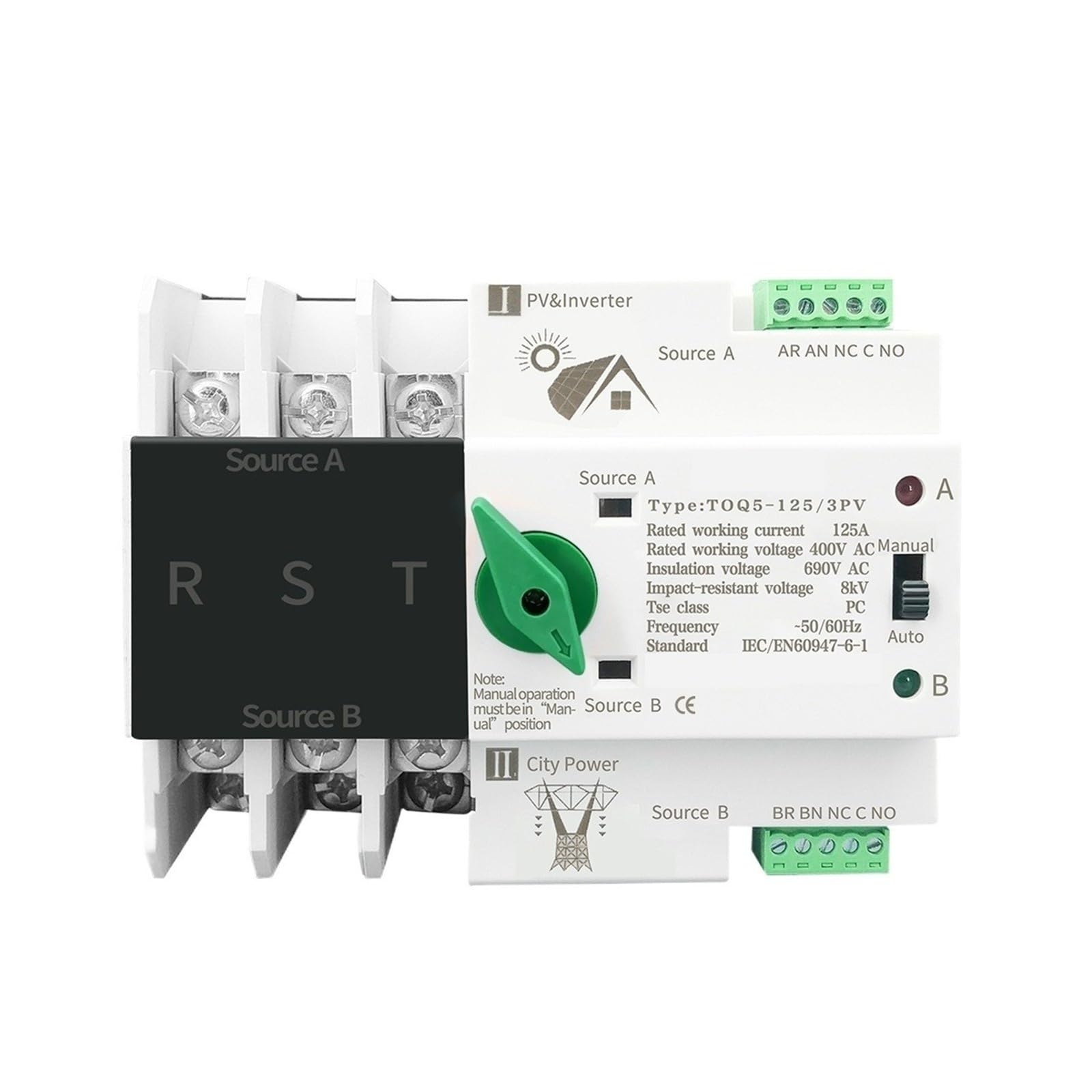 Interruptor de transferencia automática Interruptor de transferencia de energía dual automático serie TOQ5 3P fotovoltaico 63A 100A 125A 220V(TOQ5-100PV)