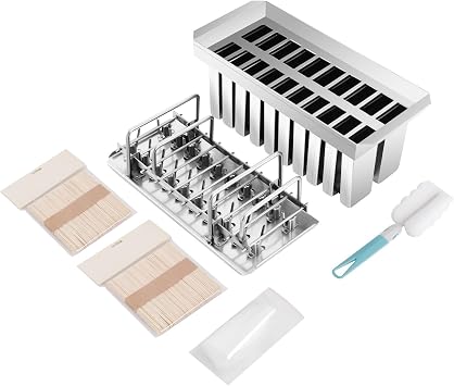 Commercial Ice Lolly Molds, 20PCS Stainless Steel Ice Pop Molds, Flat Head & Plate Frozen Ice Lolly Maker, Ice Lolly Ice Cream Stick Holder + Cleaning Brush, Single Cup Capacity 115g