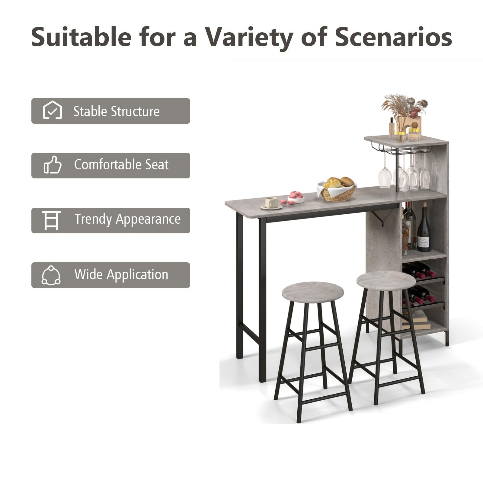 LIFEZEAL Juego de Comedor con 2 taburetes de Bar, Barra de Cocina con 2 sillas Altas, Mesa de Bar con peldaños Abiertos, botellero para Copas de Vino, para Cocina, salón y Bar (Gris)
