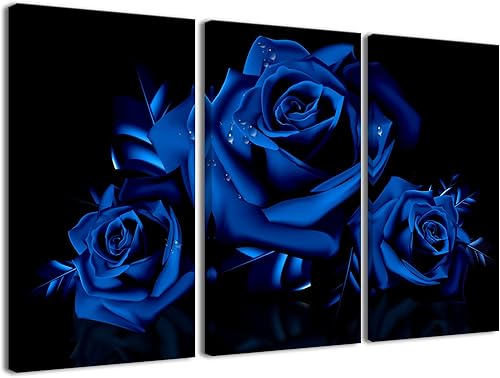Arte de pared de rosas azules, 3 piezas de flores de rosas en el fondo negro, impresión en lienzo de paisaje natural, arte de pared para sala de