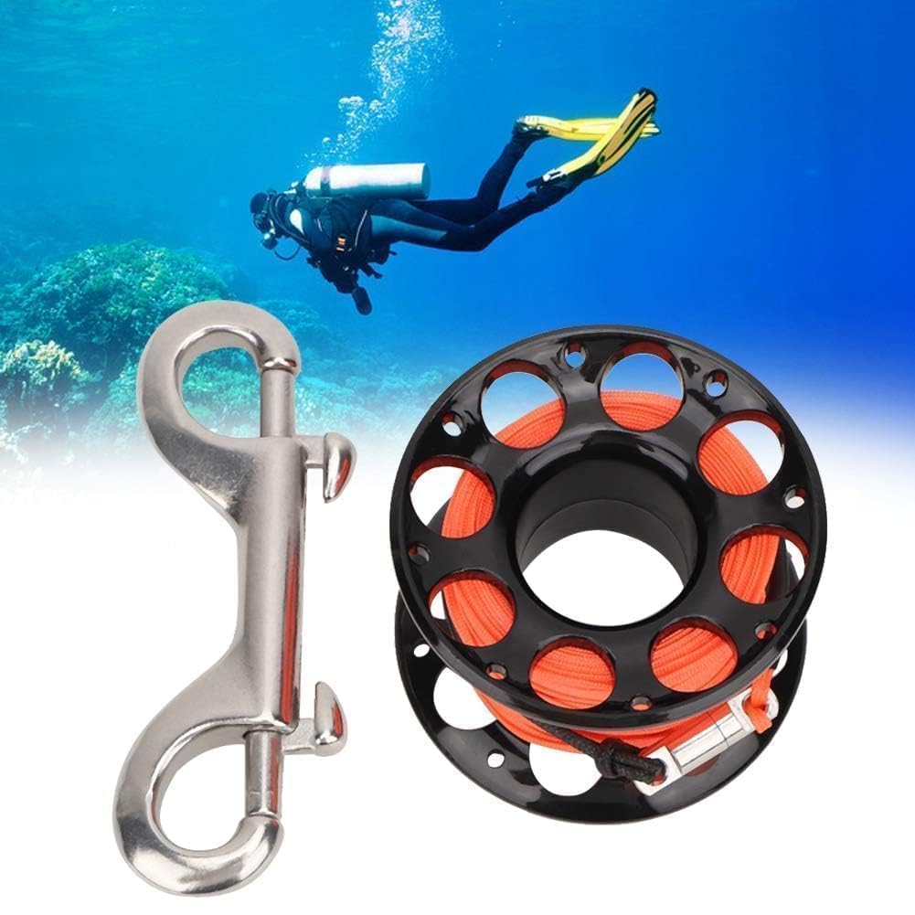 Finger Spool w/SS Bolt Snap, Tauch Fingerspule Scuba Diving Spool Reel Kunststoff Mini Tauchspule mit Doppelkarabiner Spule, Technische Finger Spool komplett mit Tauchschnur und Karabinerhaken 15 M