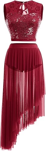 Miniatura 5 de ODASDO Disfraz de baile lírico para mujer, con lentejuelas, encaje floral, blusa corta asimétrica de malla fluida, falda de tul de 2 piezas