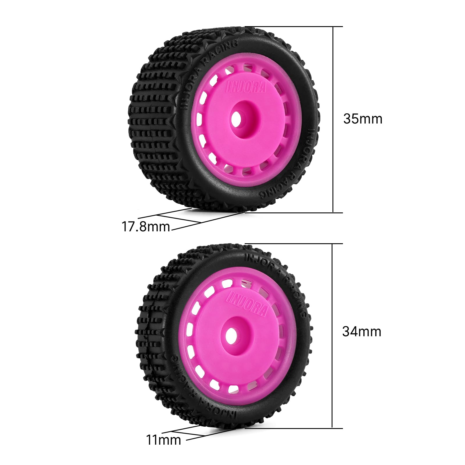 INJORA Pre-mounted Pin Buggy Tires & Wheels for 1/24 Losi Micro-B,4pcs, Magenta, 34*11mm, 35*17.8mm - Image 2