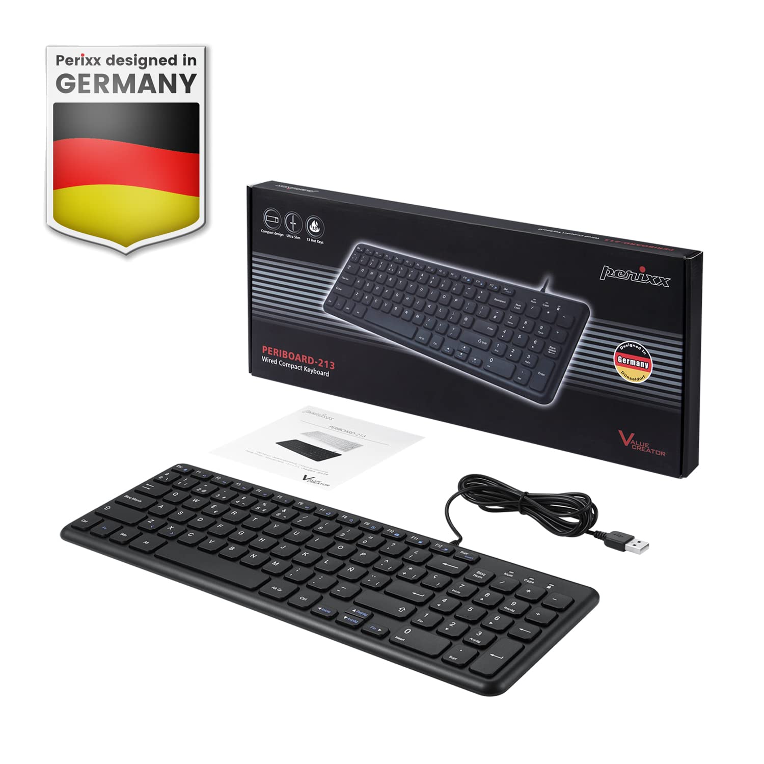 Perixx PERIBOARD-213B Teclado de Tijera USB silencioso con Cable - Diseño Compacto con Teclado numérico - Negro - Qwert Español con Ñ