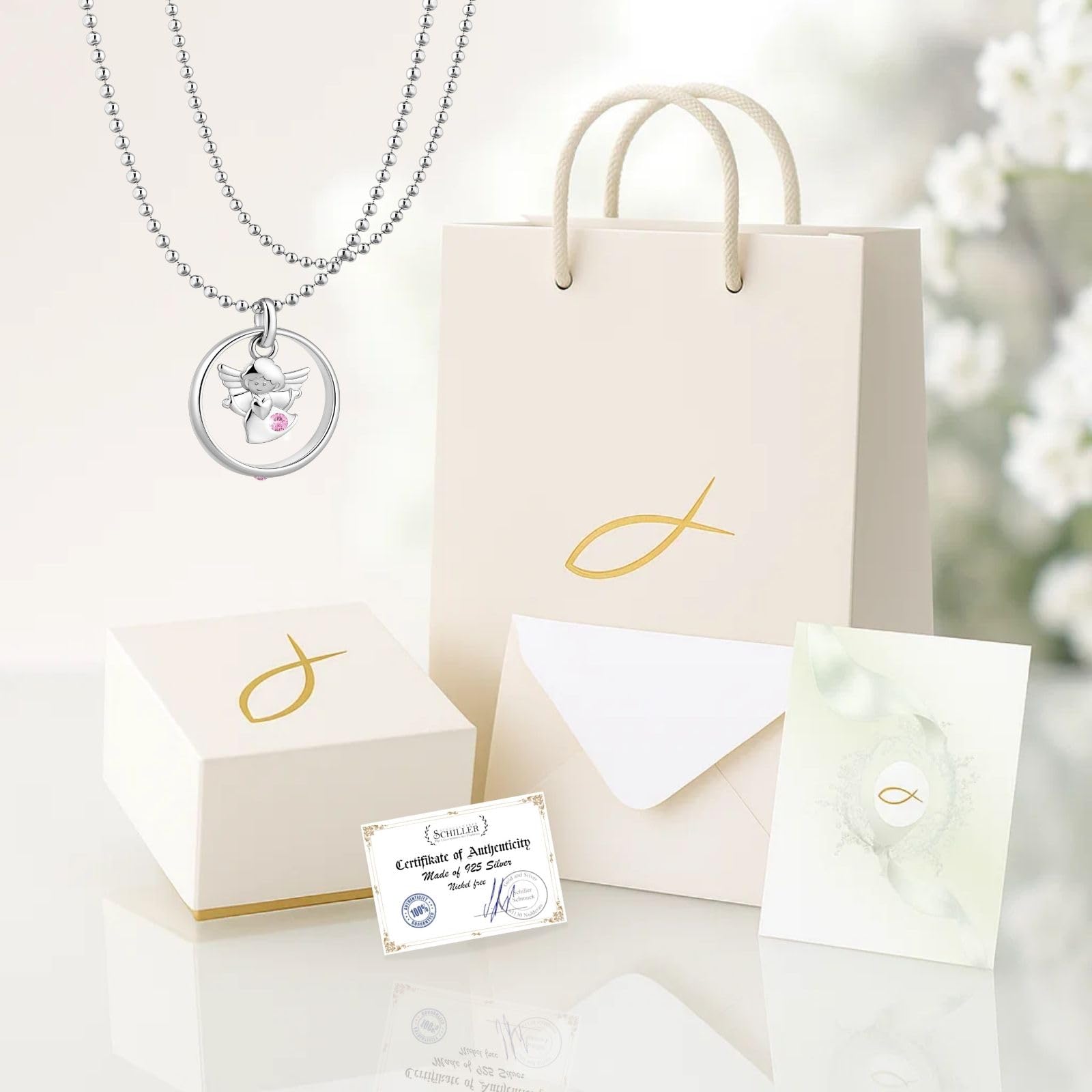 fish Kette Taufe Mädchen/Junge Silber/Gold Taufring Schutzengel Engel-Anhänger Halskette Kinder-Schmuck Tauf-Geschenk Geburt Tasche Karte und Geschenkbox Geschenk