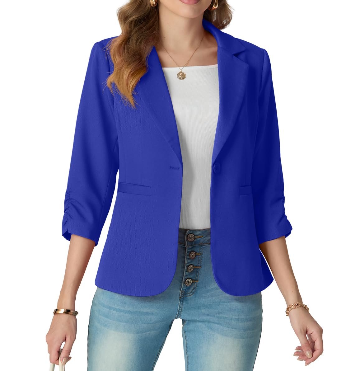 GRECERELLE Blazer da donna con maniche a 3/4 increspate, giacche formali da donna, casual, elegante, da lavoro, ufficio, per matrimoni, funerali con bottoni, tasche, per donne dalla 40 alla 52