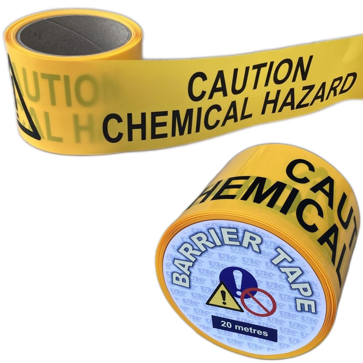 CAUTION CHEMICAL HAZARD barrier tape - hazard warning cordon - non-adhesive plastic marking tape (75mm x 20M) - UKT14CHE20