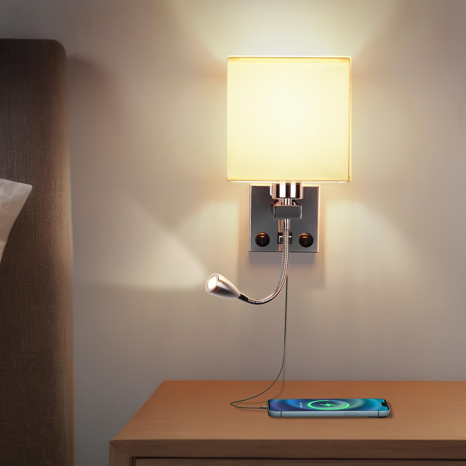 ALLOMN Applique da Comodino, Applique da Lettura a LED Applique Moderna Cromata Lucida con Faretto Orientabile a Collo di Cigno, Doppi Interruttori, Con porta USB da Caricare E27 (Con USB, 1 PCS)
