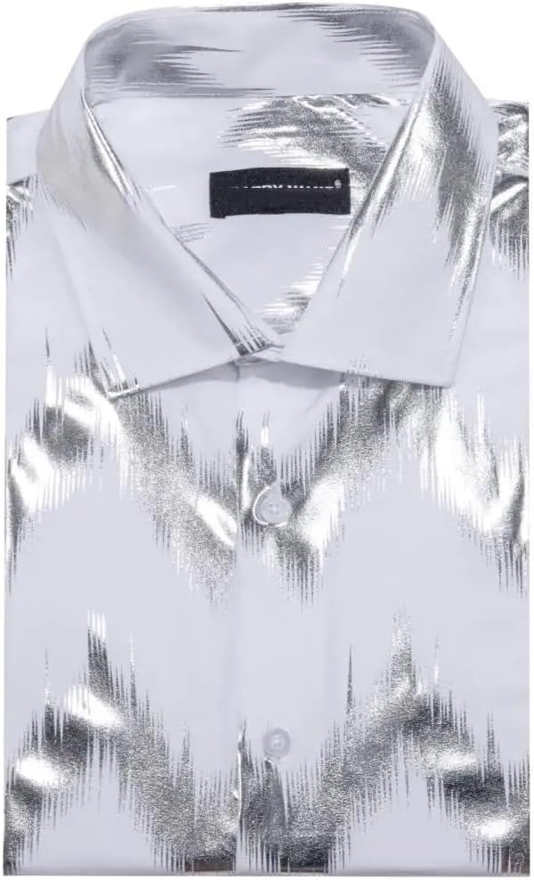 Shirts for Men White Silver Striped Long Sleeve Slim Fit Male Blouses Casual Tops