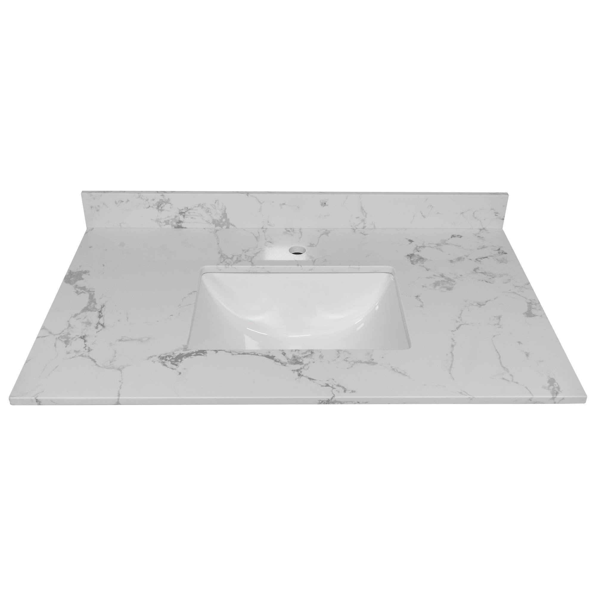 31 Inch Marble Vanity Top with Undermounted Rectangular Ceramic Sink & Backsplash, Carrara White Engineered Stone