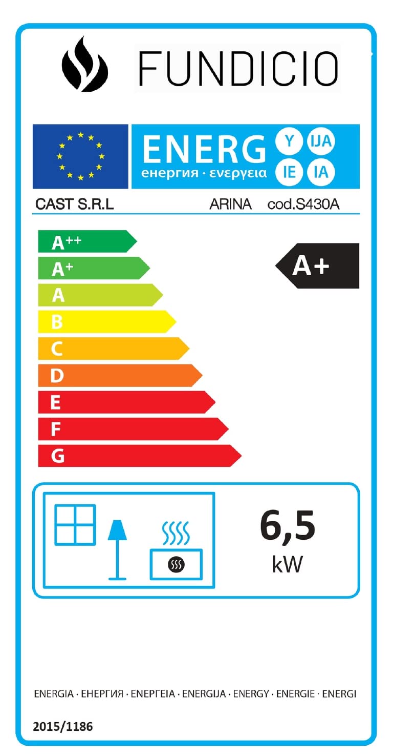 Stufa a legna in ghisa ARINA 6,5 kW | Tripla combustione, vetro KERAGLASS, Classe A+ 4 STELLE | consumo ridotto <2 kg/h, alto rendimento 80% 130 m³