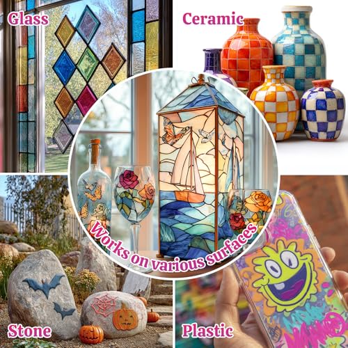 HOMY ARTY Glasfarben - 20 Farben x 30 ml mit 3 Pinseln Keramik Bemalen Set, wasserfestes Glasfarbe Set, Acrylfarbe für Glas, Keramik, Glühbirnen, Plastik und Fenster, Keramikfarbe für Weinglas