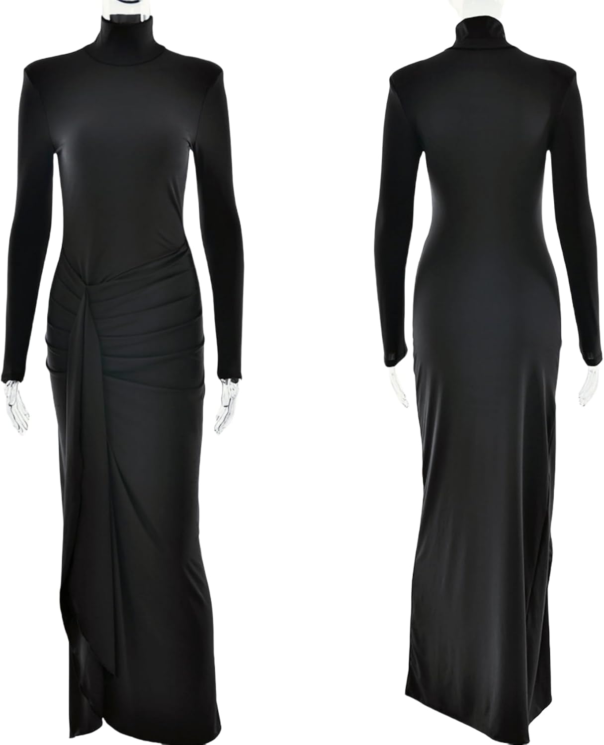 RARITYUS Women's Elegant Turtleneck Long Sleeve Maxi Dress Sexy Ruched High Slit Bodycon Long Dress Cocktail Formal Dress - Image 6