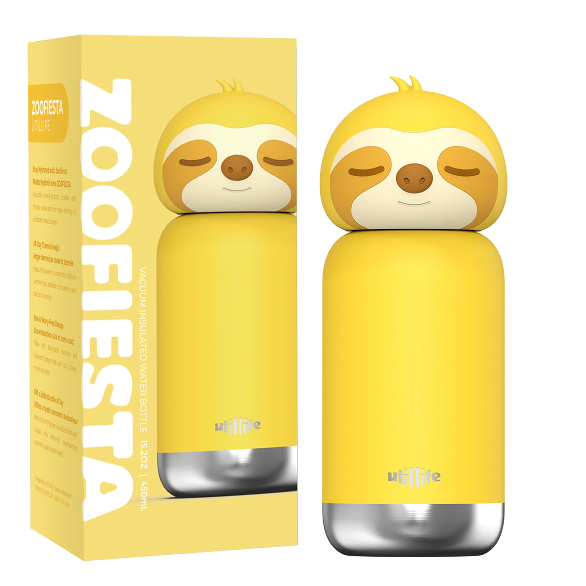 Insulated Stainless Steel Tumbler with Detachable Soft Animal Head Leakproof BPA-Free 15 2oz Kids Water Bottle with Straw