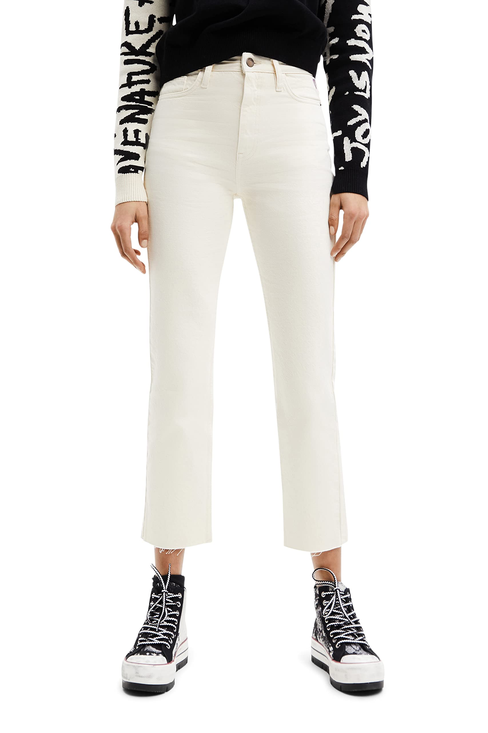 Desigual Damen Weiß Jeans Straight Cropped, Baumwolle, 36