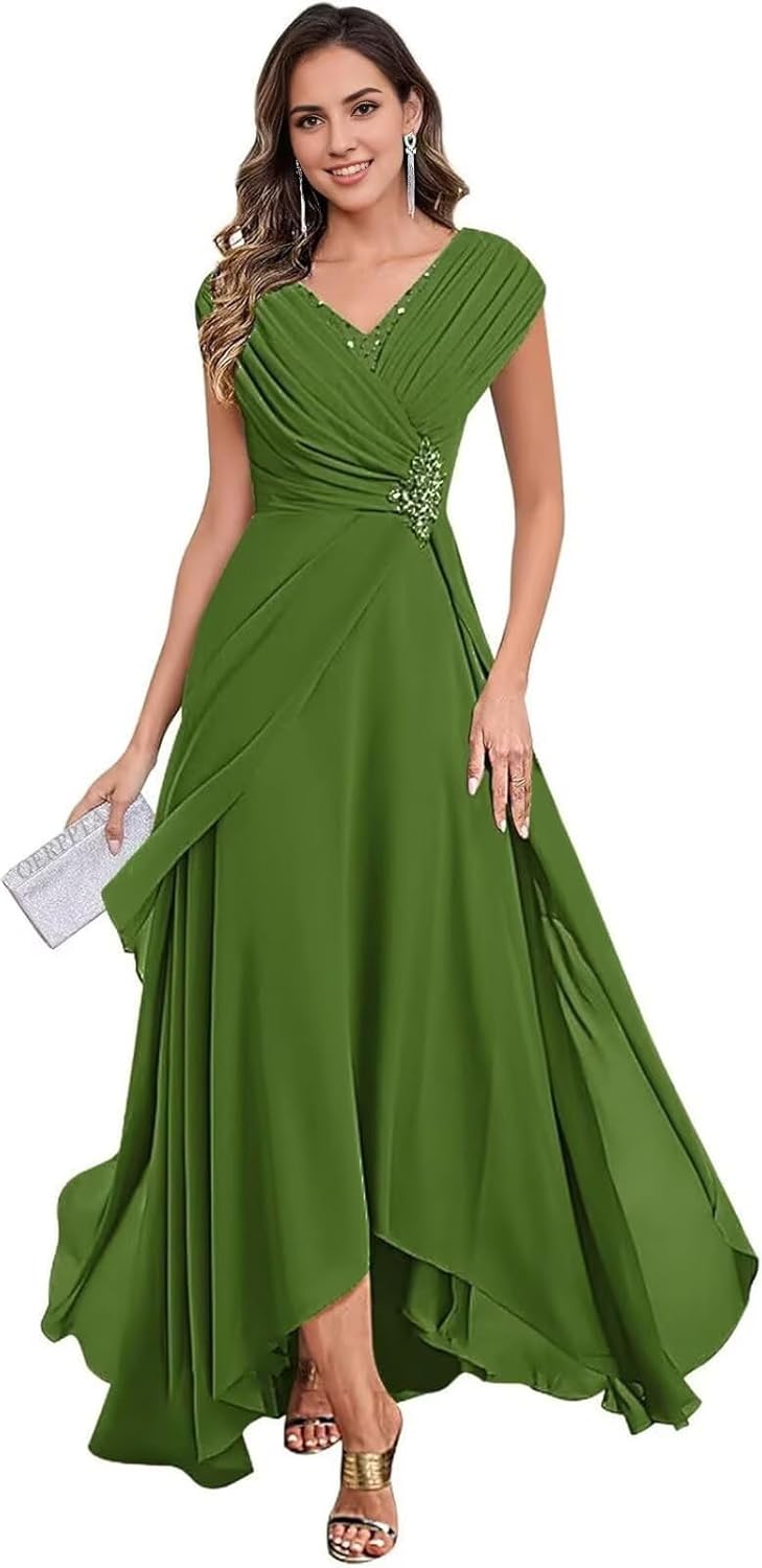 Lace Appliques Long Mother of The Bride Dresses for Women Cap Sleeves Formal Dress Hi-Lo V Neck Evening Gowns