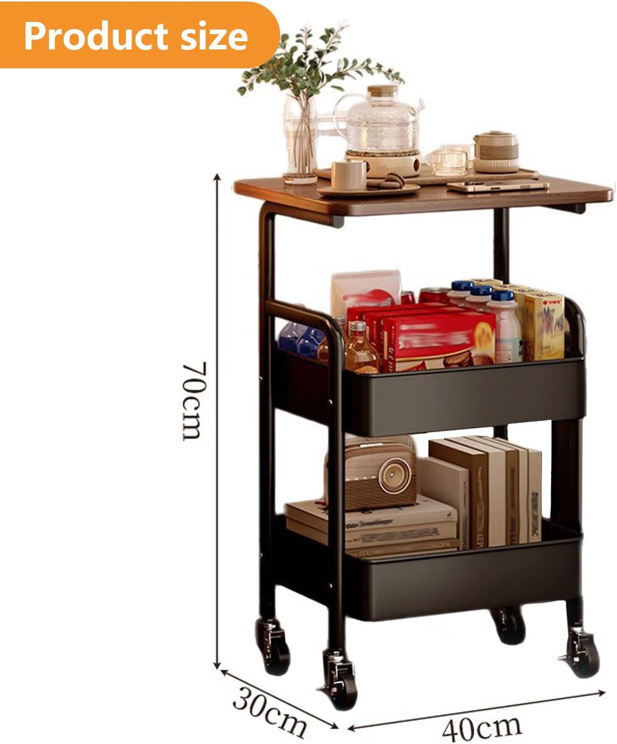 AIZYR Rolling Storage Cart End Table with Wheels, Utility Cart Storage Trolley Kitchen Storage Rack for Office Kitchen Living Room,Black