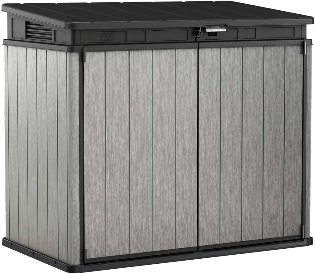 Keter Elite Store 4.6 x 2.7 Foot Resin Outdoor Storage Shed with Easy Lift Hinges, Perfect for Trash Cans, Yard Tools, and Pool Toys, Grey