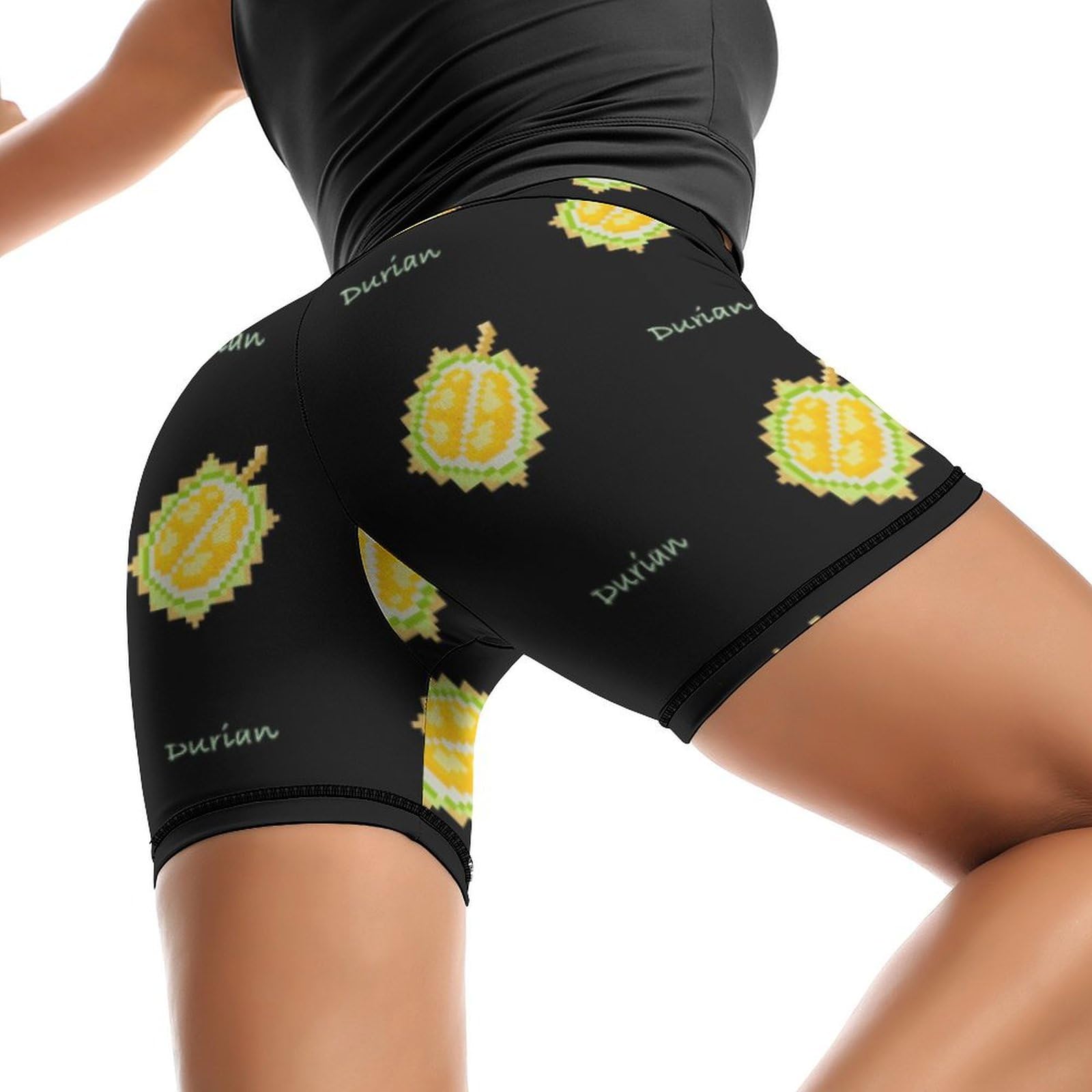 JYYAU Cartoon Durian Pattern High Waist Yoga Shorts for Women Athletic Shorts Leggings Running Pants Black