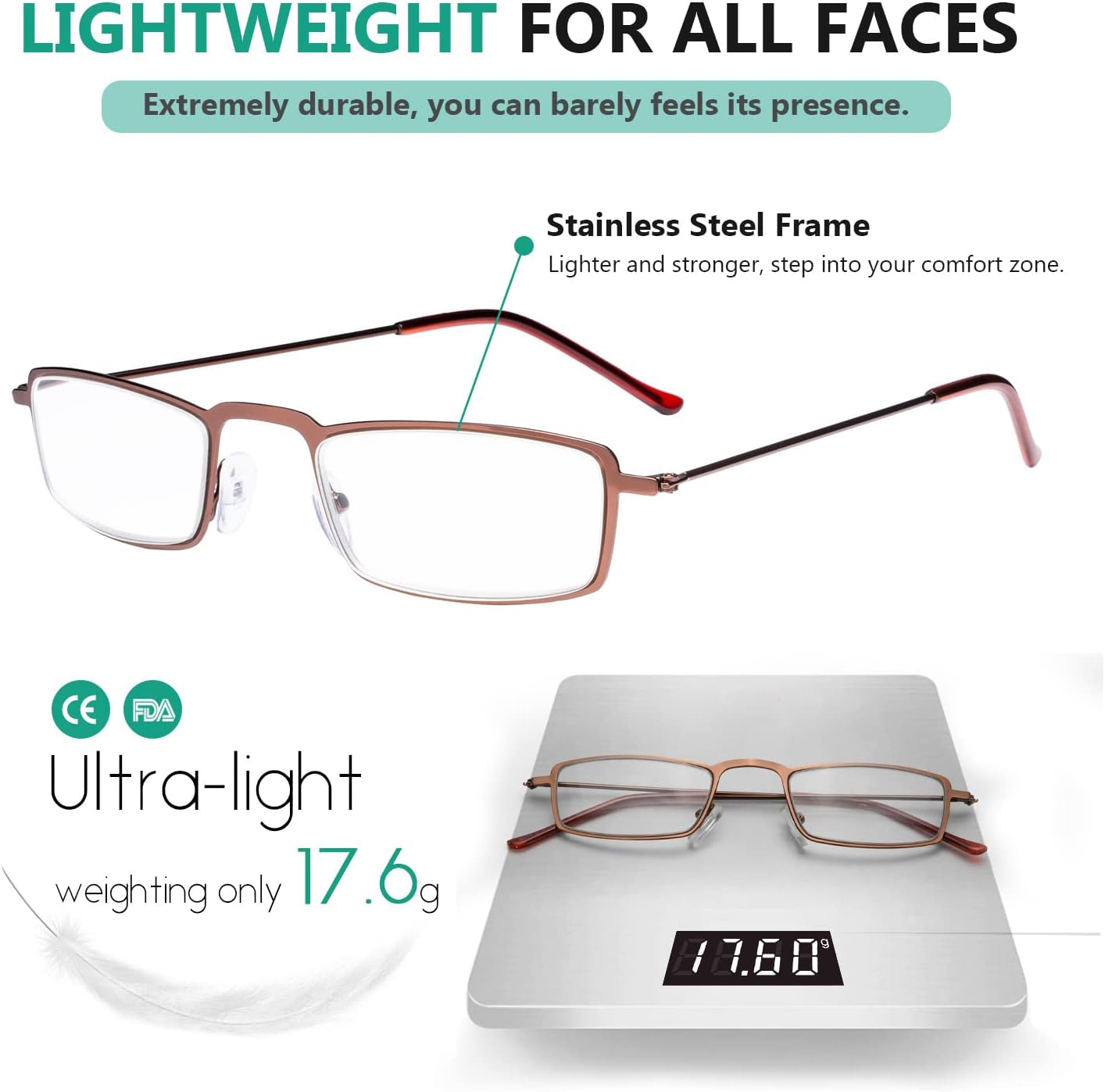 Eyekepper 5-Pack Straight Thin Stamped Metal Frame Half-Eye Style Reading Glasses Readers Brown +2.0