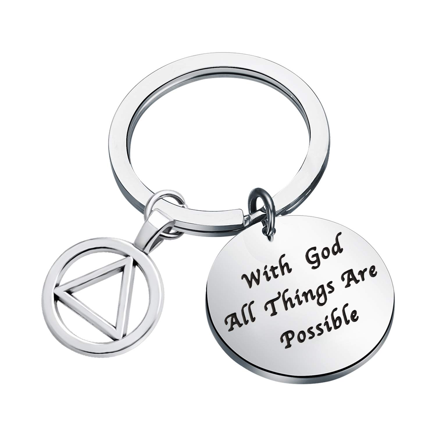 LQRI Sobriety Gift AA Recovery Keychain with Religious Pendant with God All Things are Possible AA Recovery Jewelry Alcoholics Anonymous Gifts for Sober (Sliver)