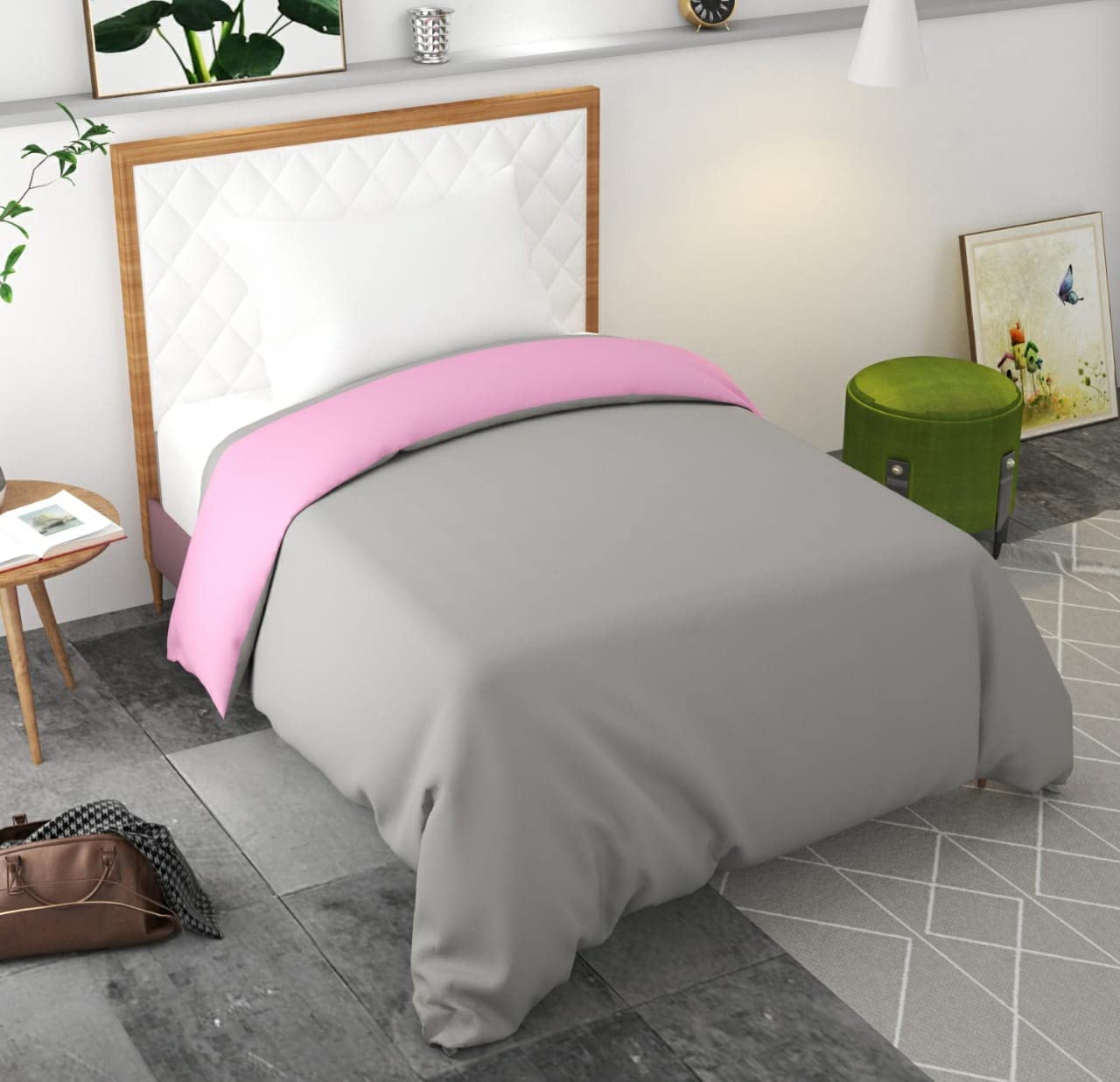 Maysha Cover Single Bed with Zipper Blanket Cover/Quilt Cover/Comforter Cover/Duvet Cover Single Bed Size Microfiber Comforter Cover (Pink-Grey)-image-38