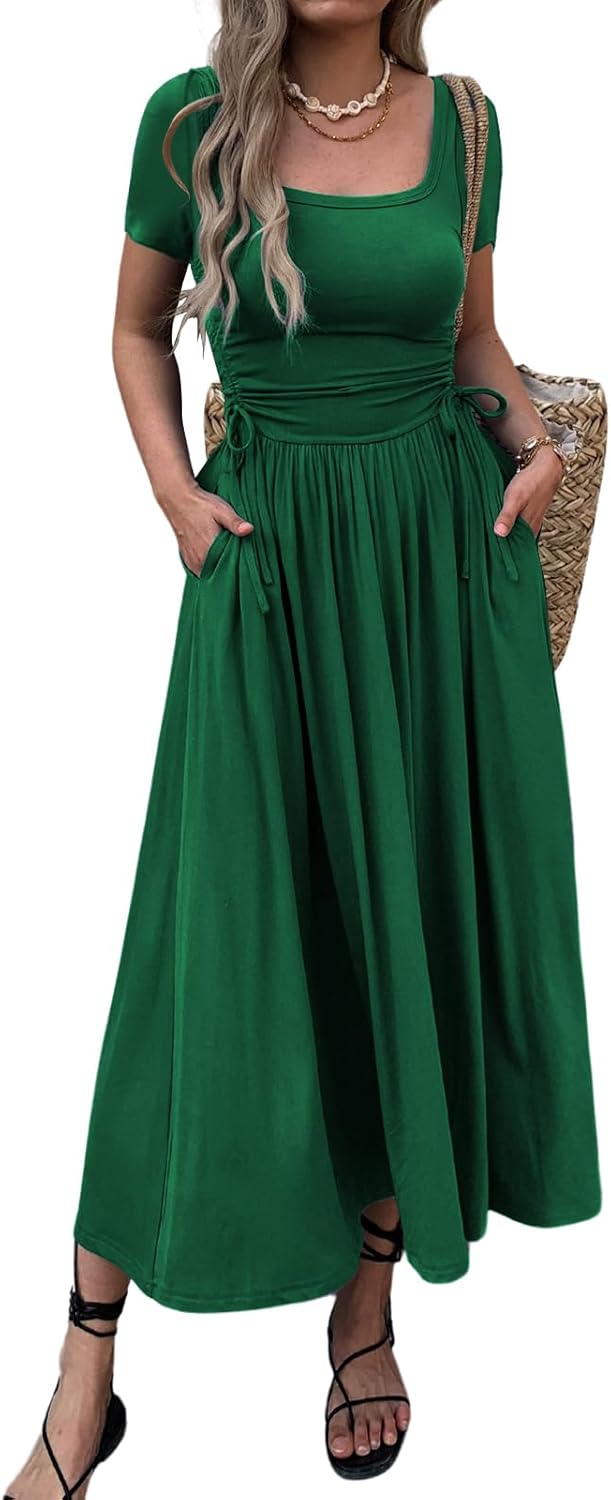 Women’s Short Sleeve Maxi Dress Bodycon Long Dress Adjustable Waist Flowy Hem Stret...