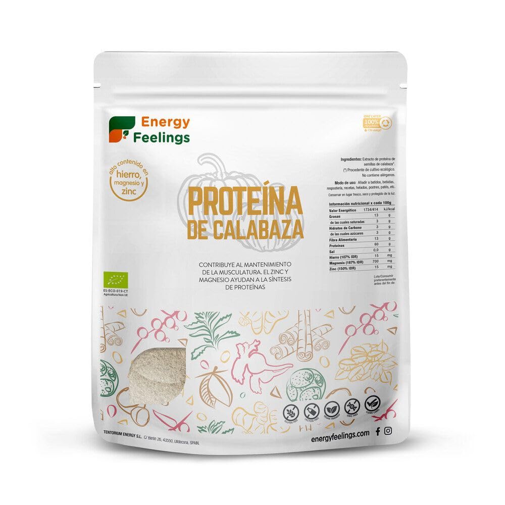Energy Feelings Proteine Vegane di Zucca in Polvere Bio 1Kg - Vegan Protein Biologiche Senza Lattosio, Glutine nè Zuccheri Aggiunti - Nutrizione Sportiva
