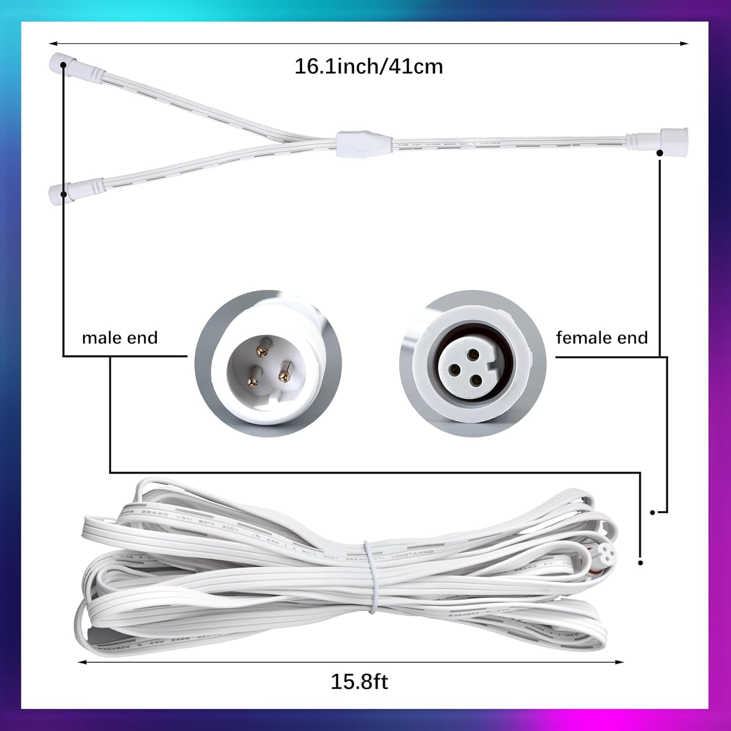 MorningRo 4 Pcs Extension Cable Kit Compatible with Govee Permanent Outdoor Light 3 Pins Y Splitter Cord Straight Extension Compatible with Govee H705 H706 H805 Weatherproof Patio Yard (16 ft,White)