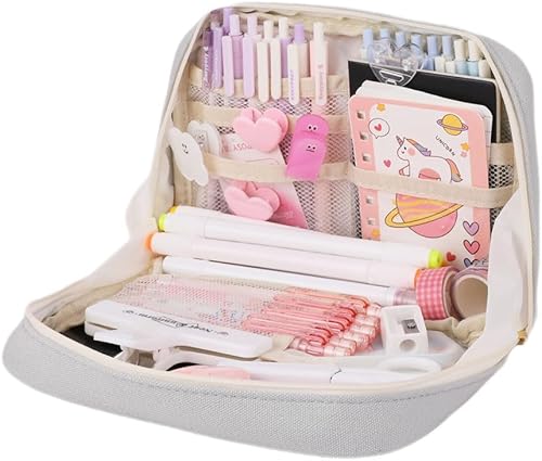 Miniatura 10 de Oyachic Estuche de lápices beige, bolsa de lápices de apertura amplia, bolsa de lápices Oxford, estuches para adultos, mujeres, suministros de