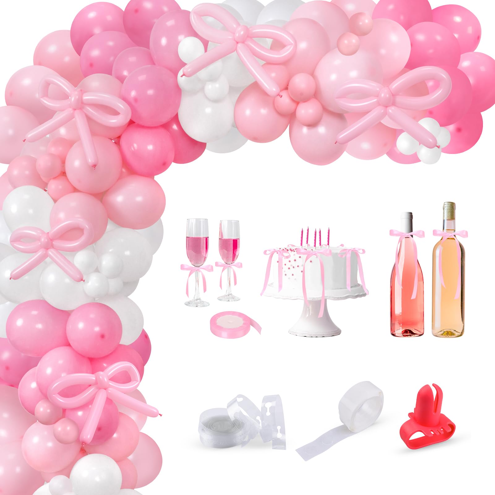 Pink Bow Balloon Arch Kit, 160 Pcs Pink Bow Balloons Garland with Long Balloons and Satin Ribbon for Bow Birthday Decor, Girls Birthday Decortions,