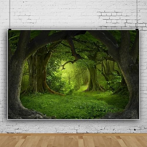 Miniatura 4 de Leowefowa Fondo de vinilo de 7 x 5 pies para fotografía de bosque verde de cuento de hadas, bosque viejo, césped, campo, selva, bosque, decoración
