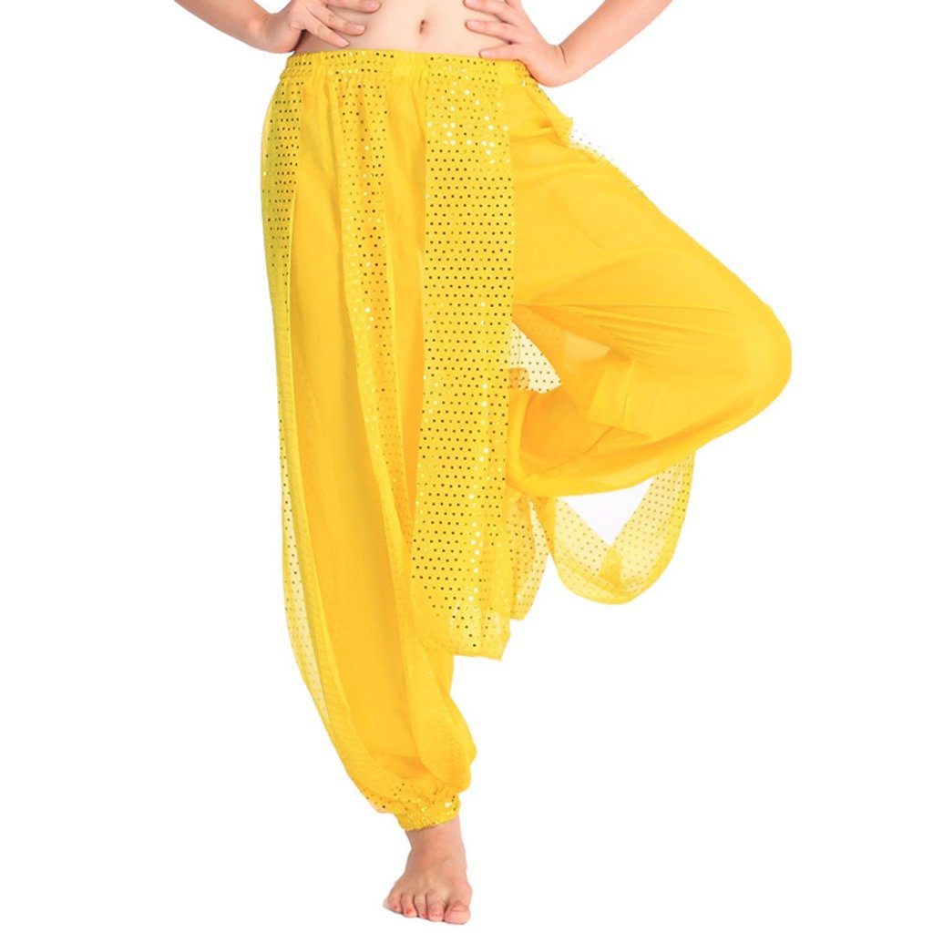 Baisdan Girls Yellow Belly Dance Harem Pants, Sequin Shiny Harem Yoga Pants India Arab Dance Bloomer Trouser