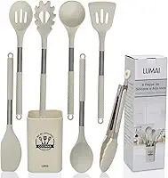 LUMAI Kit 8 Utensílios de Cozinha Grandes em Silicone e Aço Inox, Resistentes ao Calor, Antiderrapantes e Antirriscos, Acessórios de Cozinha Espátula, Colher, Pegador de Massa, Concha e Mais – Bege