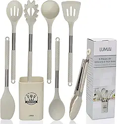 LUMAI Kit 8 Utensílios de Cozinha Grandes em Silicone e Aço Inox, Resistentes ao Calor, Antiderrapantes e Antirriscos, Acessórios de Cozinha Espátula, Colher, Pegador de Massa, Concha e Mais – Bege