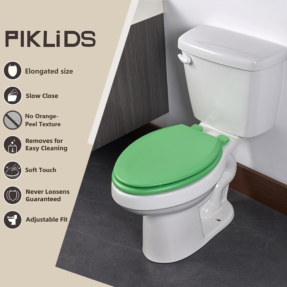 toilet seat, slow close, soft touch, ultra-smooth matte finish (no orange-peel texture), premium moulded wood, quick release, piklids (green, elongated) green elongated