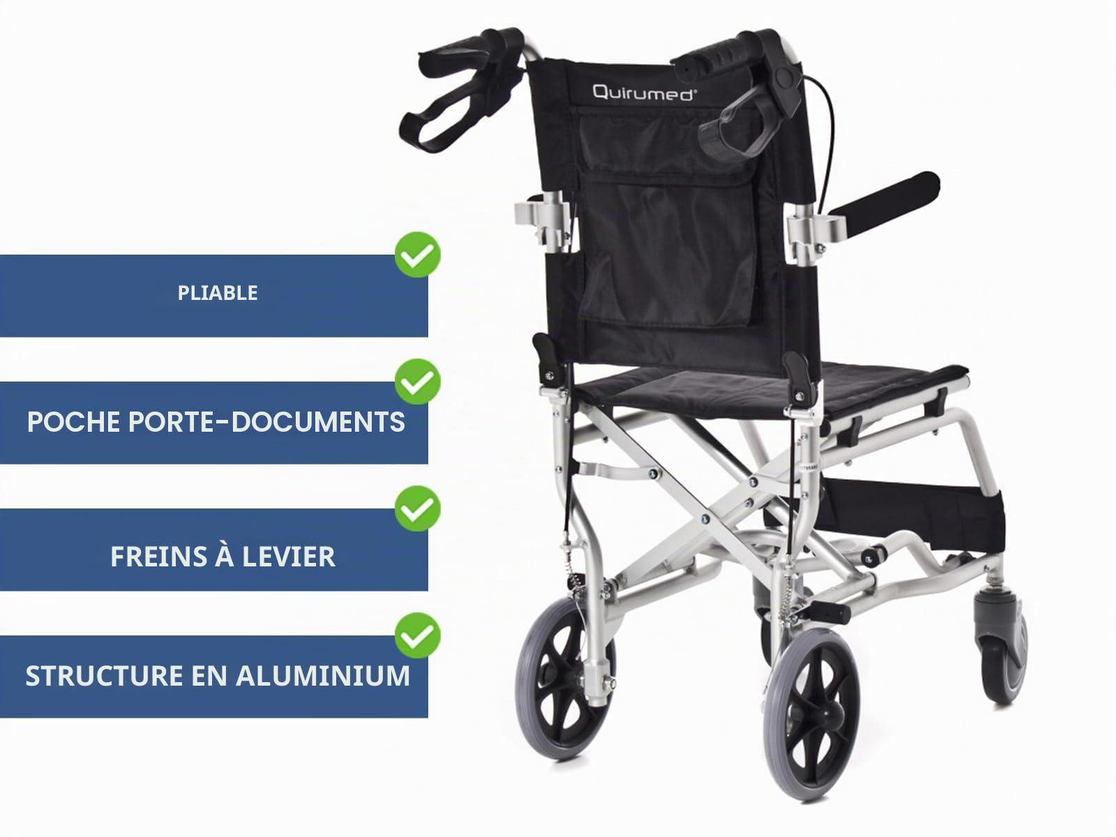 QUIRUMED Fauteuil roulant de voyage en aluminium, Fauteuil roulant de transit, Fauteuil roulant de transfert, Siège 36 cm, Léger, Pliable, Accoudoirs et repose-pieds inclinables, notre fauteuil.