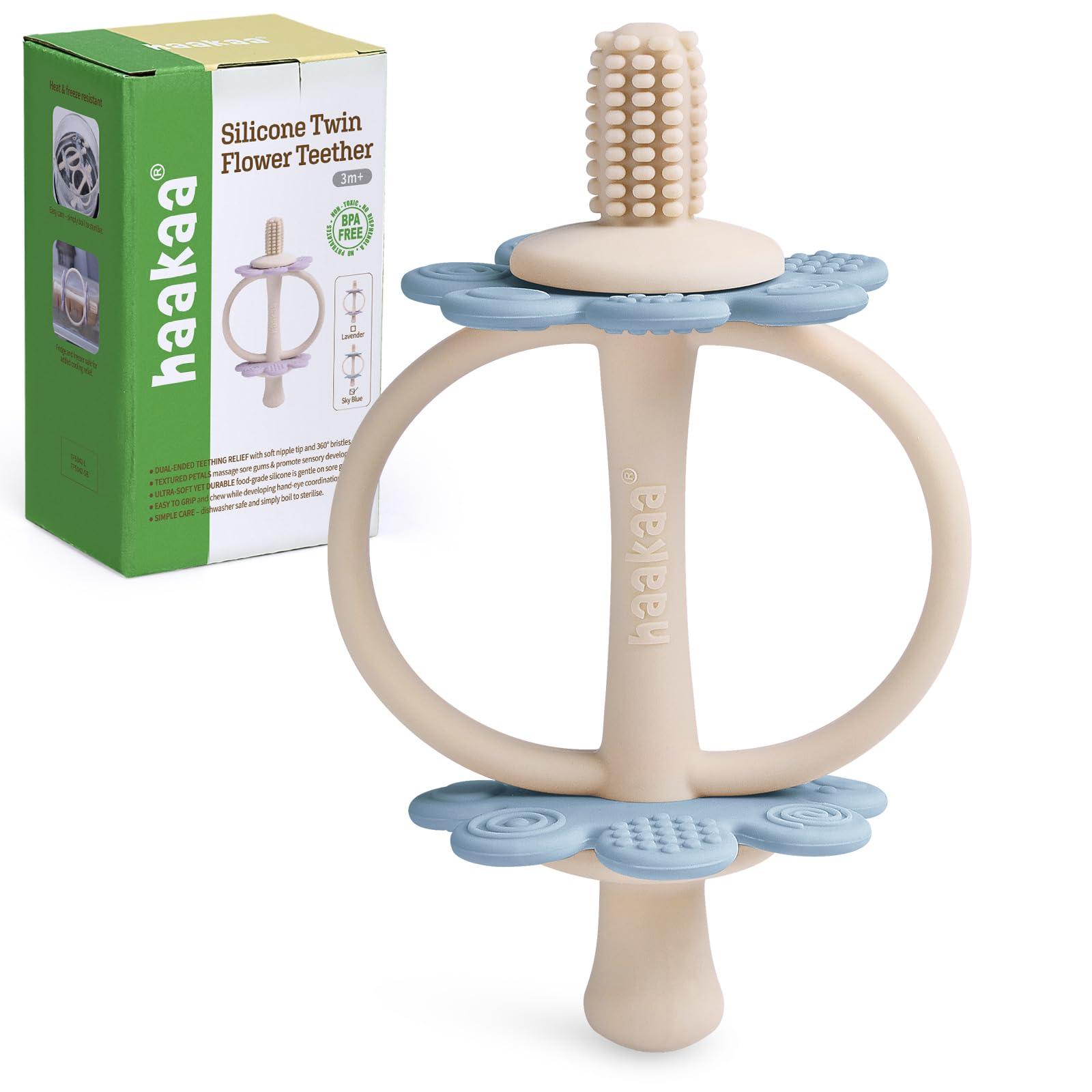 haakaa Silicone Baby Teether Toys,Nipple-Shaped End for Gum Massage,360° Baby Toothbrush Head for Self-Brushing Training,Easy to Grip - Sky Blue