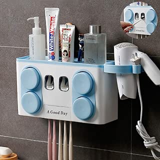 EMAPRUI Toothbrush Holder Automatic Toothpaste Dispenser Wall Mounted,Perfect for Family use.Anti-dust with 4 Cups Easily Toothbrush Holder for Bathroom Storage Set No Drill Need - coolthings.us