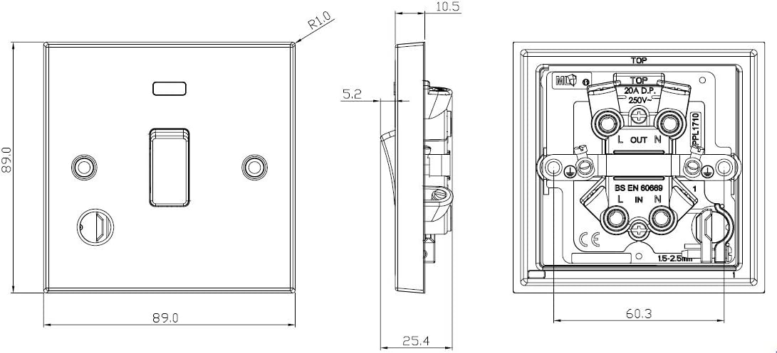 Knightsbridge CS834FAB 20A 1G DP Switch with Neon & Flex Outlet - Square Edge Antique Brass, Pack of 1 - Image 3
